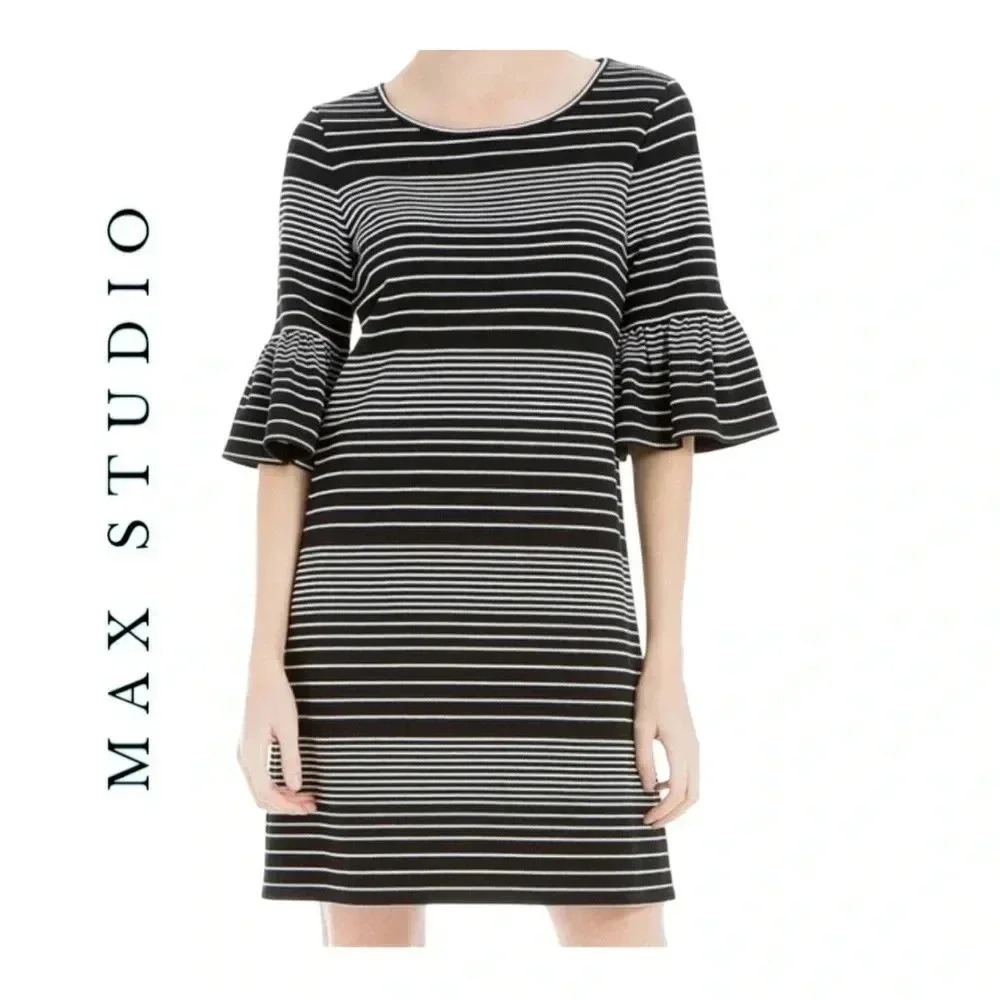 1313. MAX STUDIO BELL HALF SLEEVE SHIFT DRESS STRIPES BLACK/WHITE‎ IN COLOR XSM